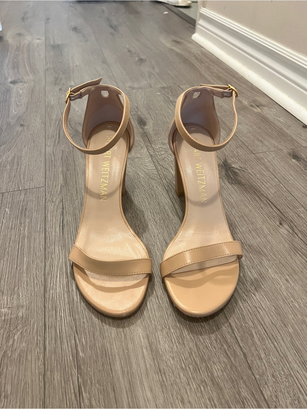 Stuart Weitzman Beige Ankle-Strap Block Heel Sandals
